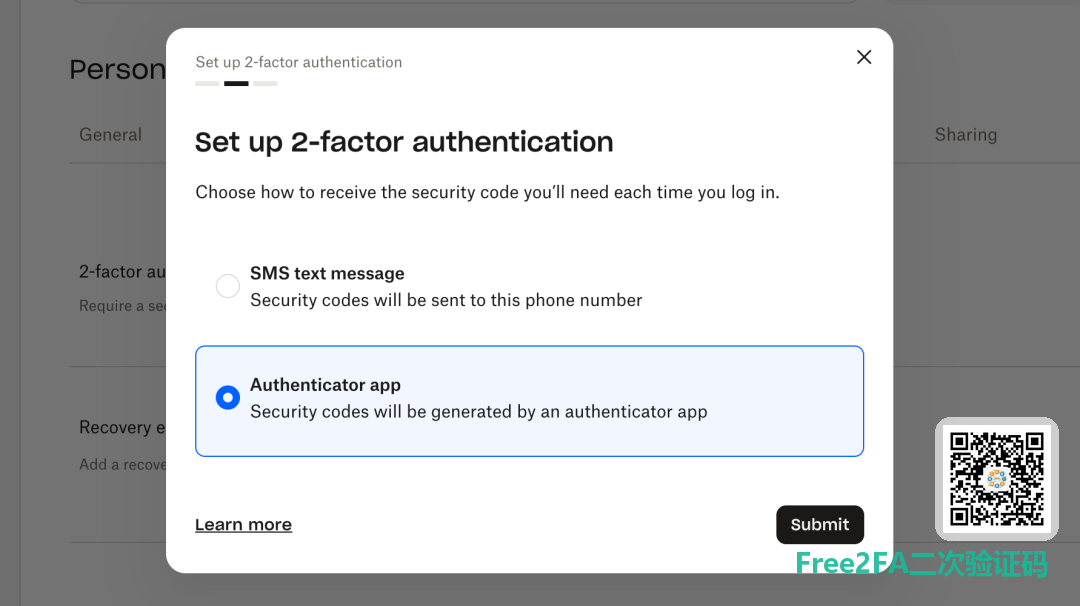 Dropbox 两步验证设置弹窗：选择 Authenticator app 验证器应用方式再提交