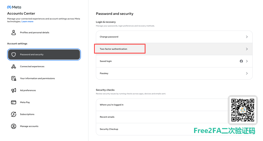 Meta 账号密码和安全设置页面，左侧 Password and security 菜单与 Two-factor authentication 入口