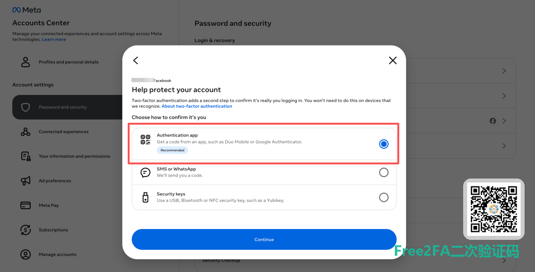 Meta 双重验证选择身份验证应用方式，Authentication app 选项被框选